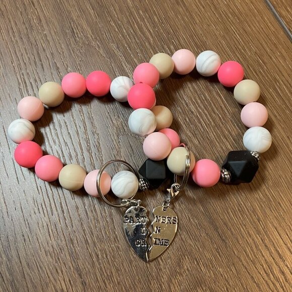 Handmade "Partners in Crime" Set of Pink/White Keychains Best Friend Gifts - Picture 2 of 6